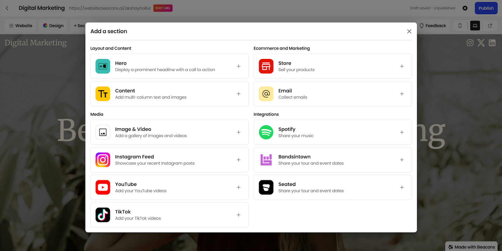 Beacons website builder sections