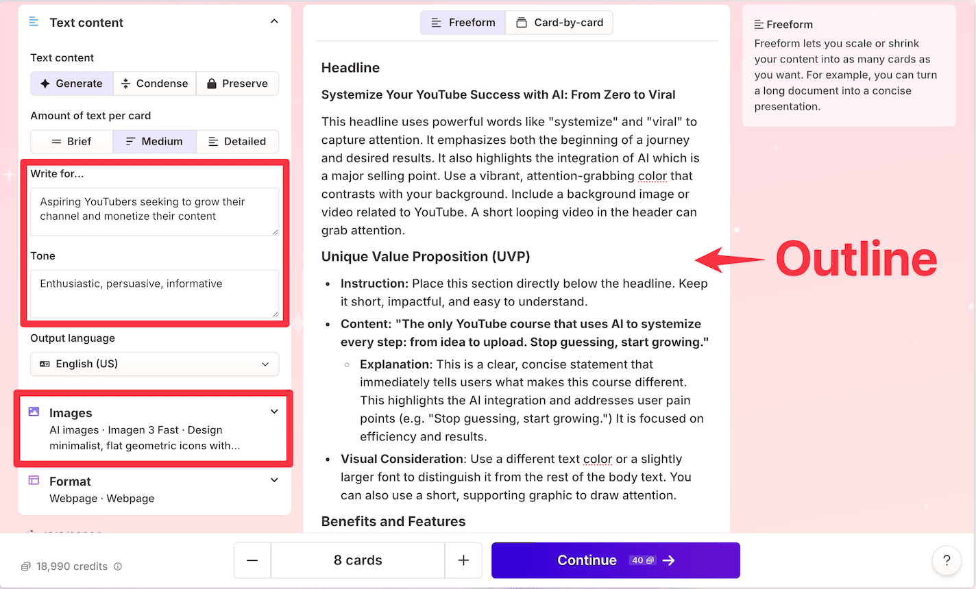 Gamma landing page outline from NotebookLM