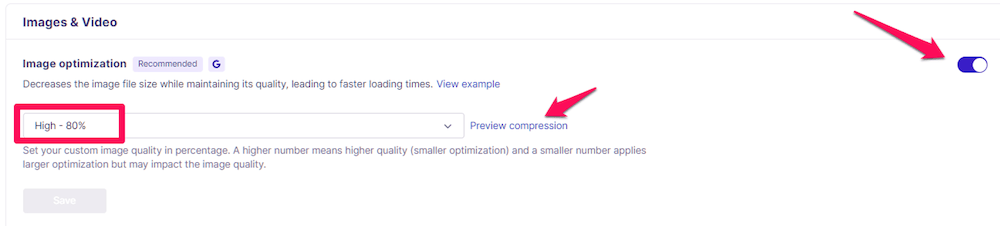 Image optimization settings