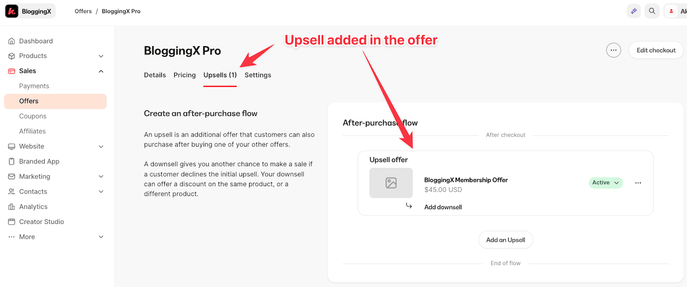 Kajabi Upsell added in the offer