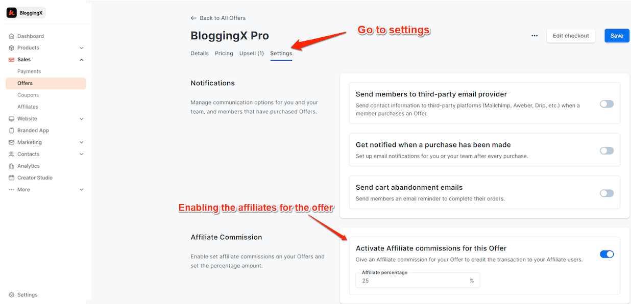 Kajabi offers settings