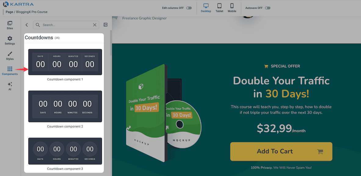 Kartra page builder countdown timers