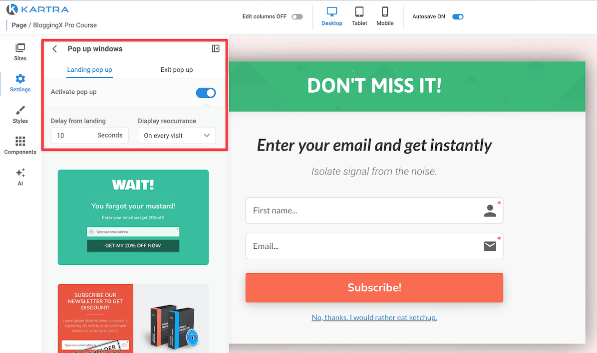 Kartra page builder pop up settings