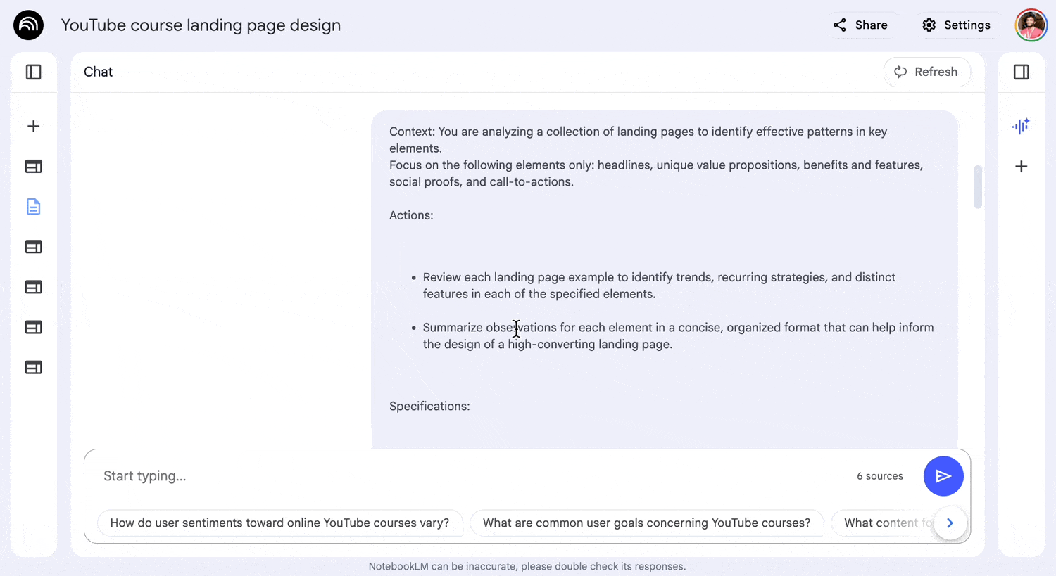 Notebooklm analyzing landing pages