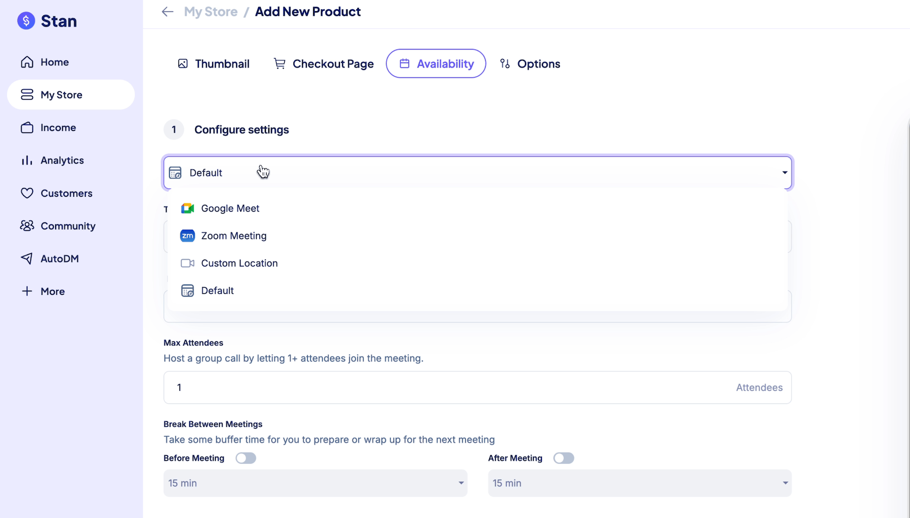 Stan Store coaching call settings