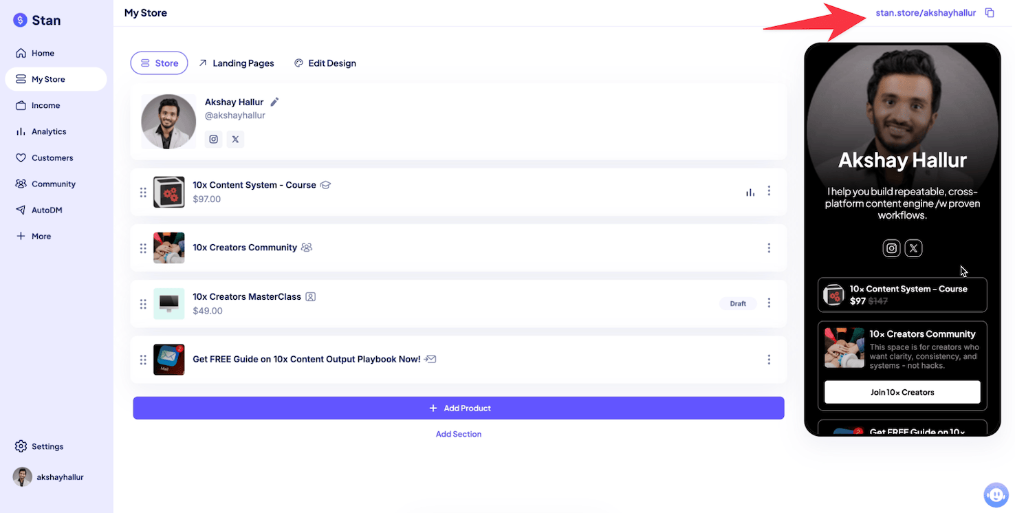 Stan store link in bio page