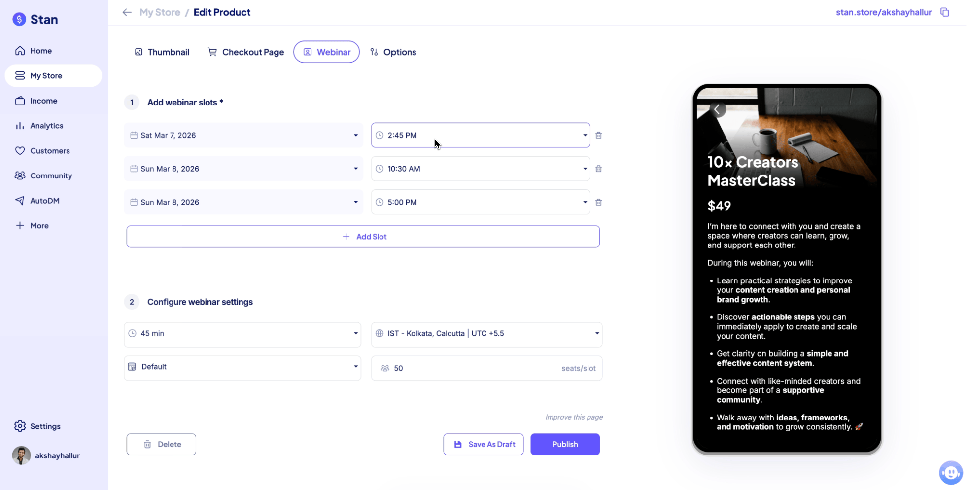 Stan webinar settings