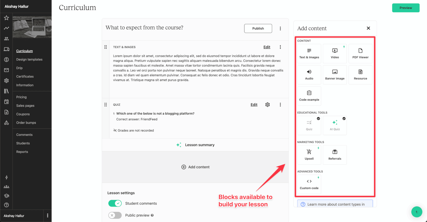 Teachable lesson content