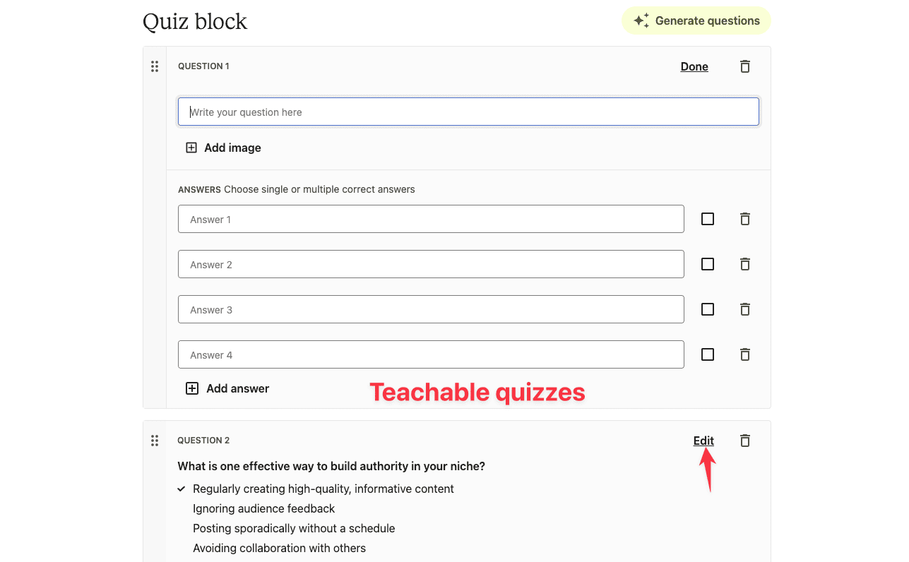 Teachable quizzes