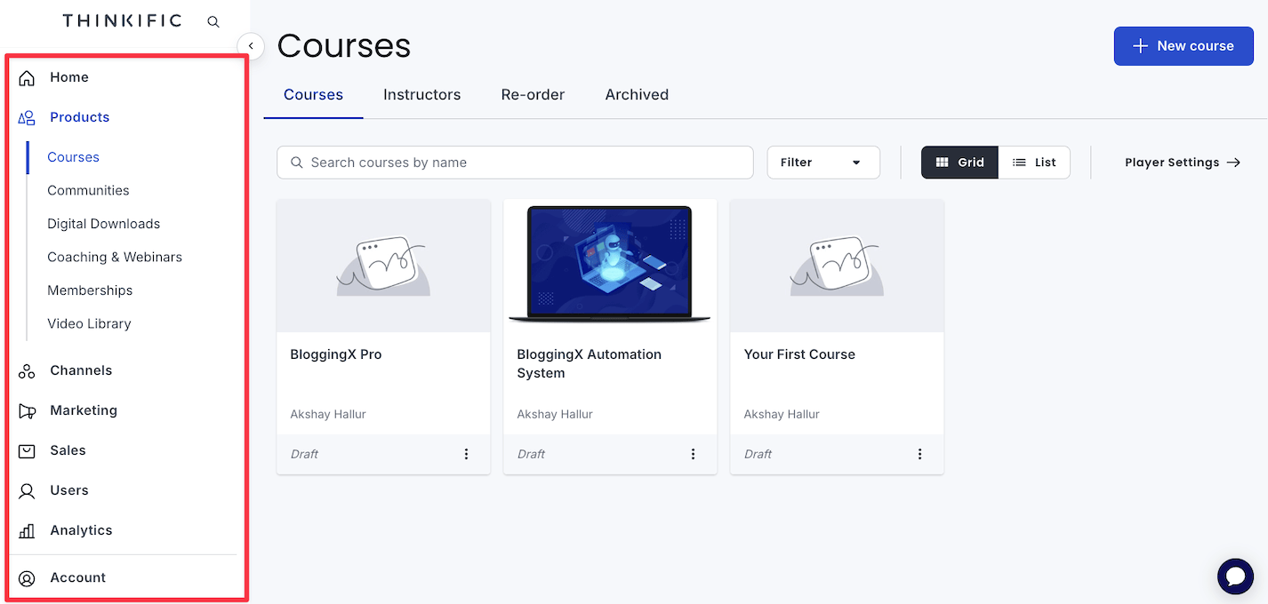 Thinkific interface 2 2