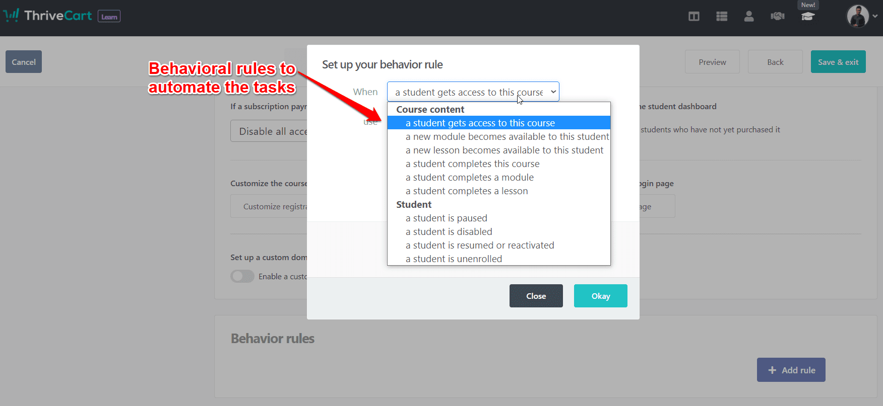 adding behavioral rules to automate the tasks in t