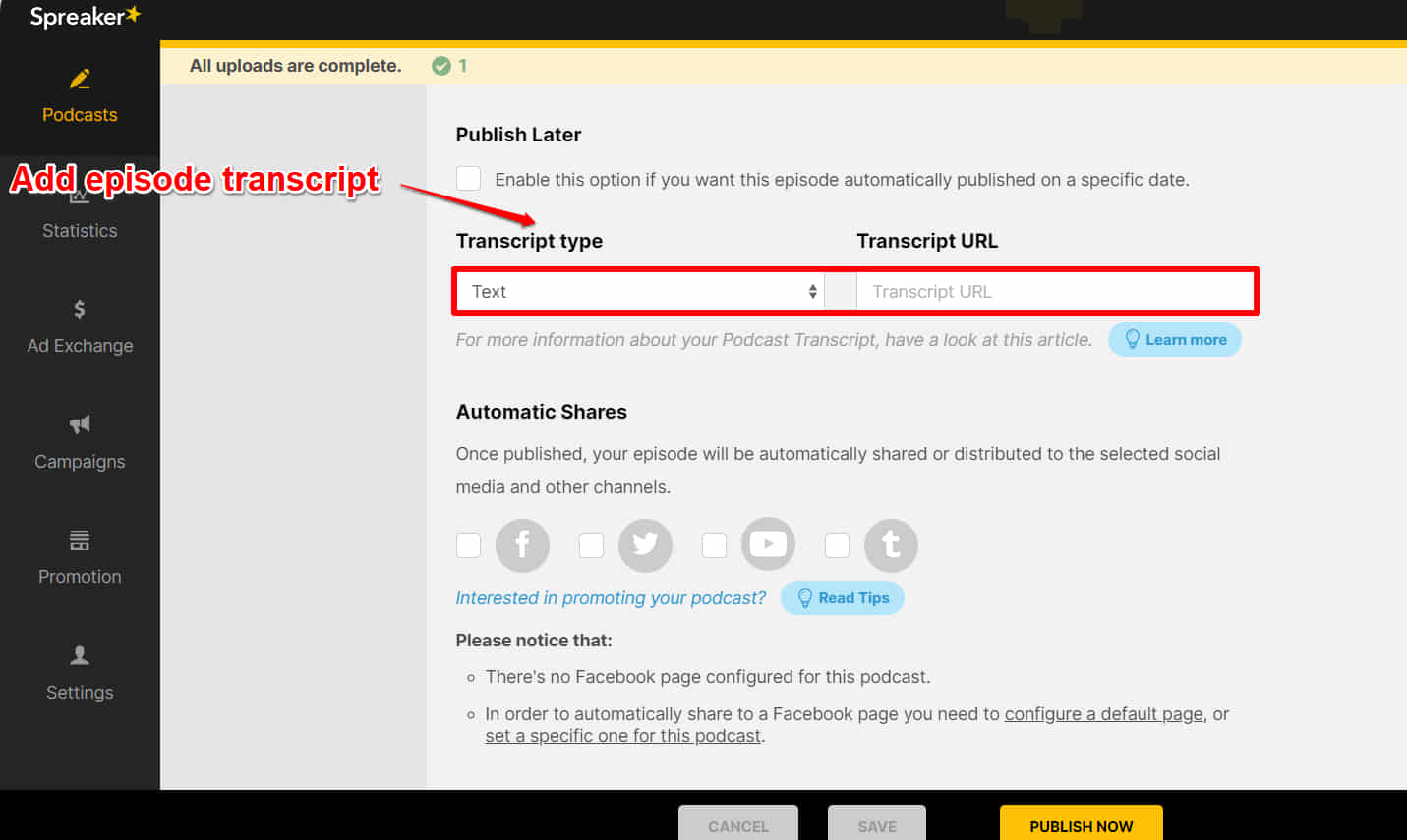 adding transcripts in spreaker