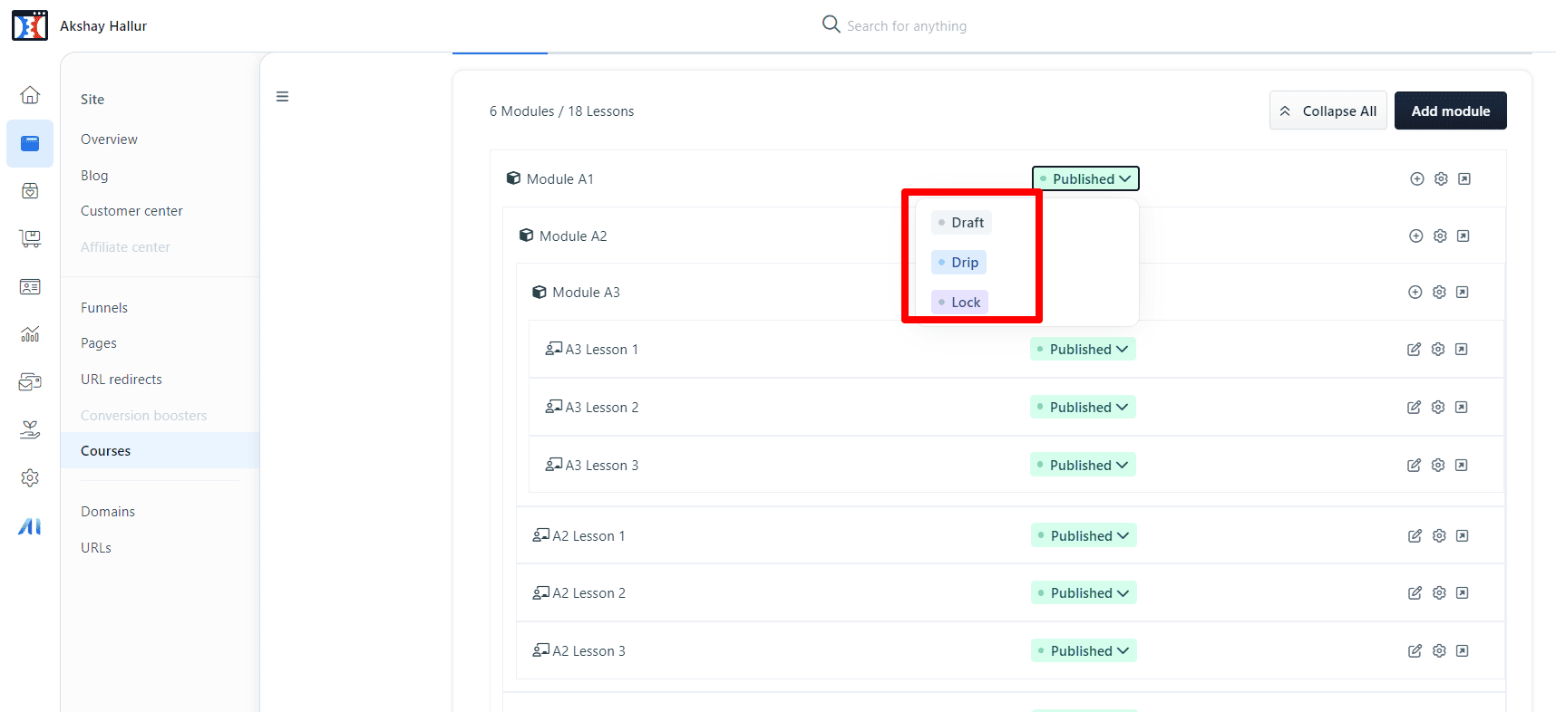 clickfunnels modules status