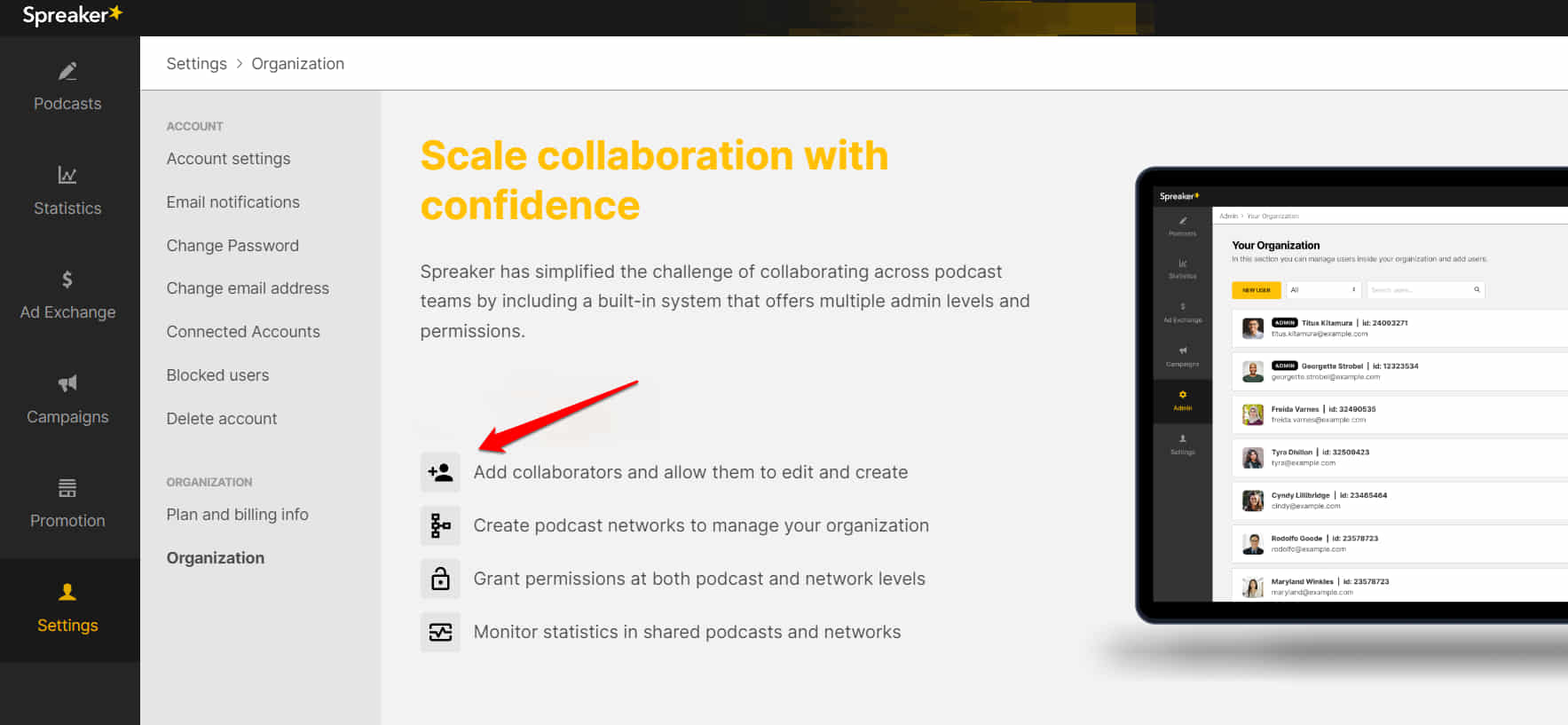 collaboration feature in spreaker