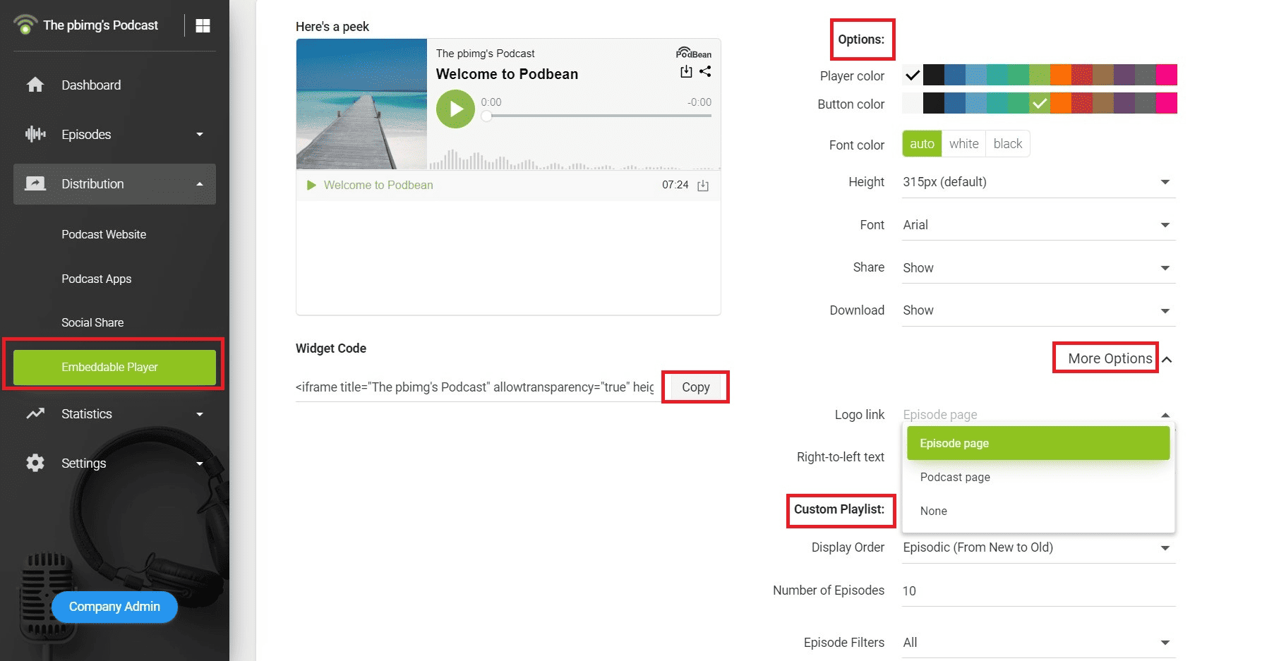 customizing the podcast player in podbean