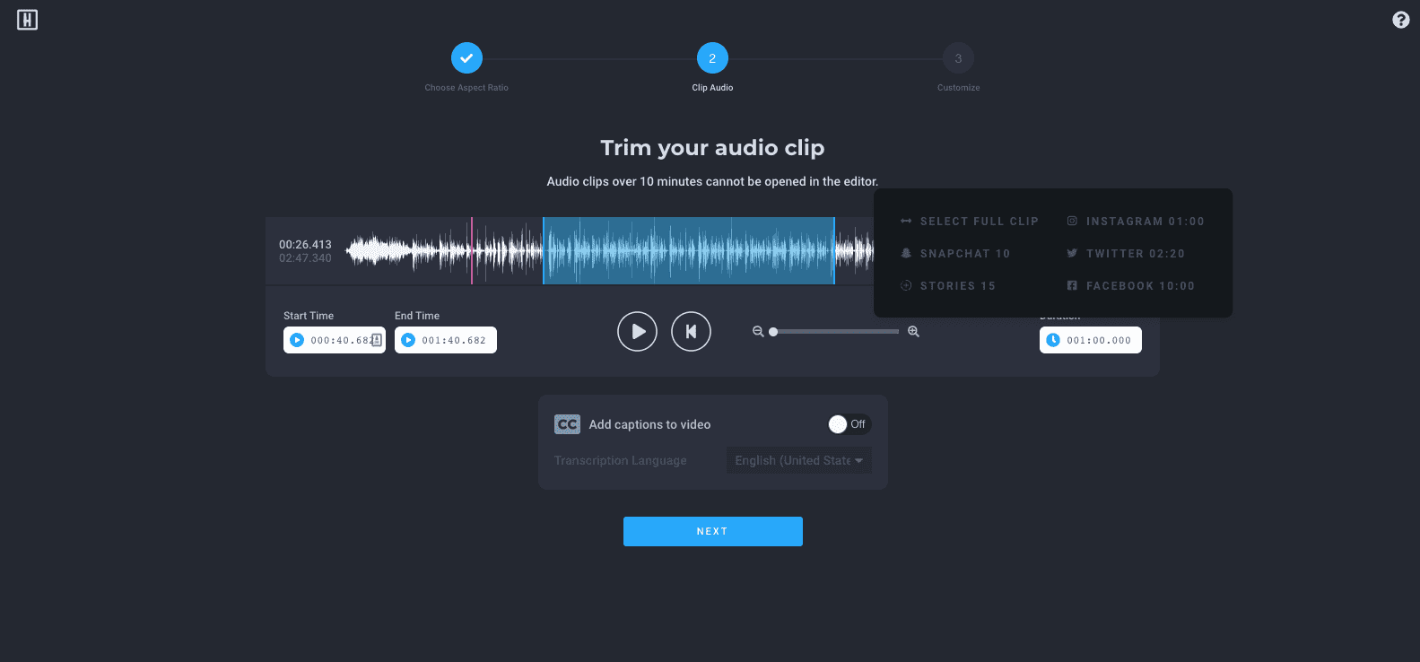 editing the audiogram in spreaker
