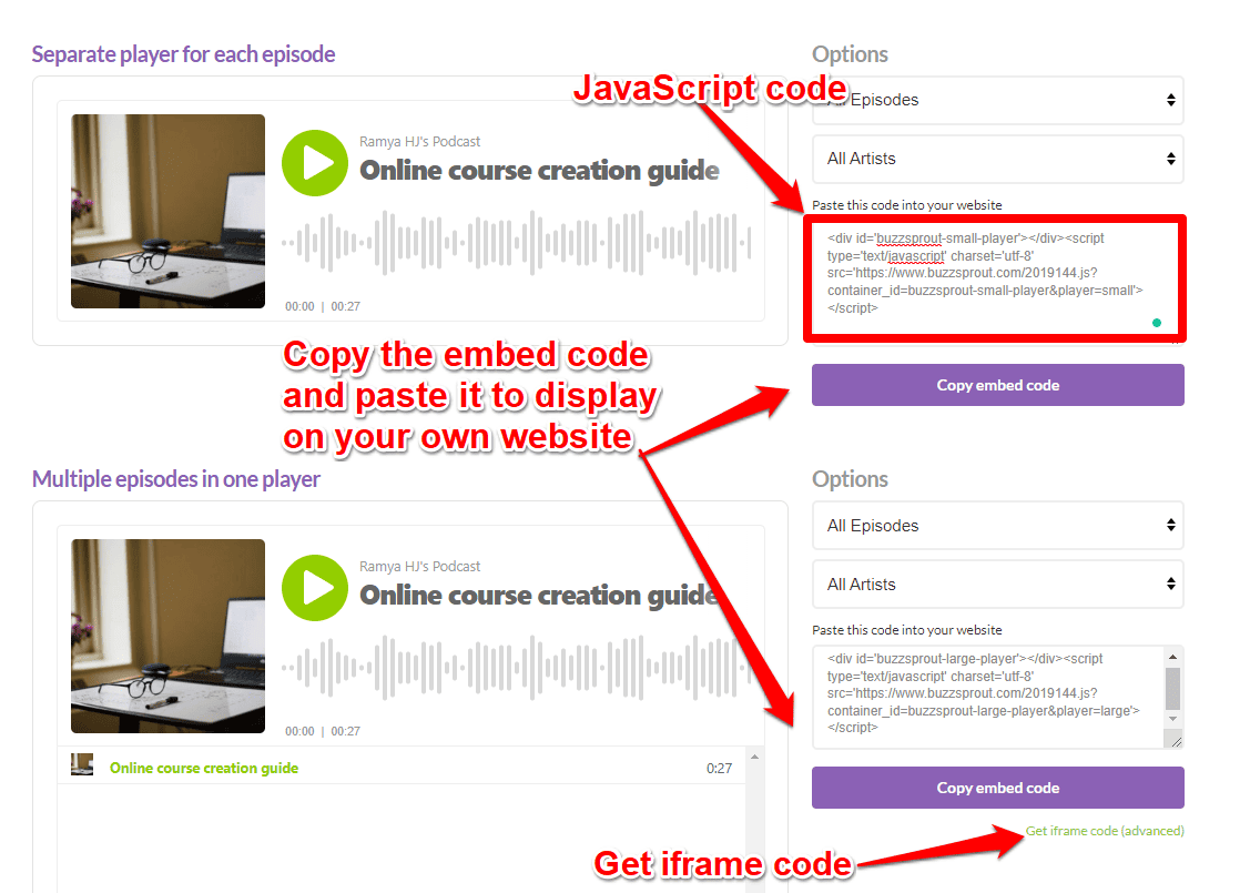 embedding code in buzzsprout