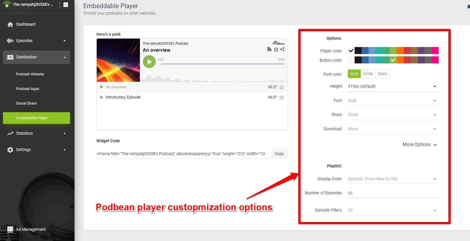 embedding the podcast player in podbean