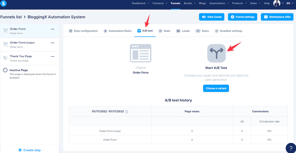 funnel split testing in systeme