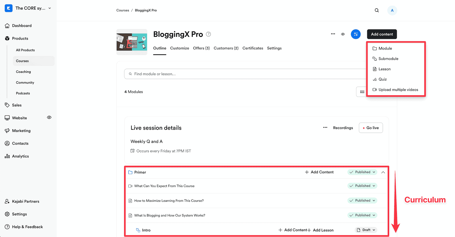 kajabi course curriculum