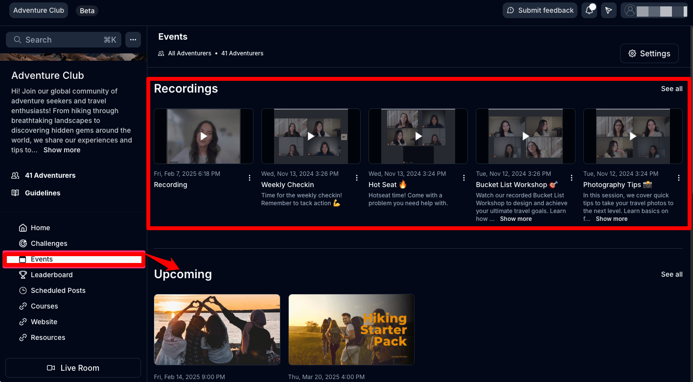 Kajabi coaching session recordings library