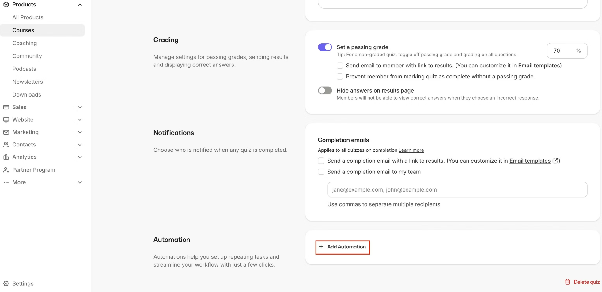 Kajabi quiz automation