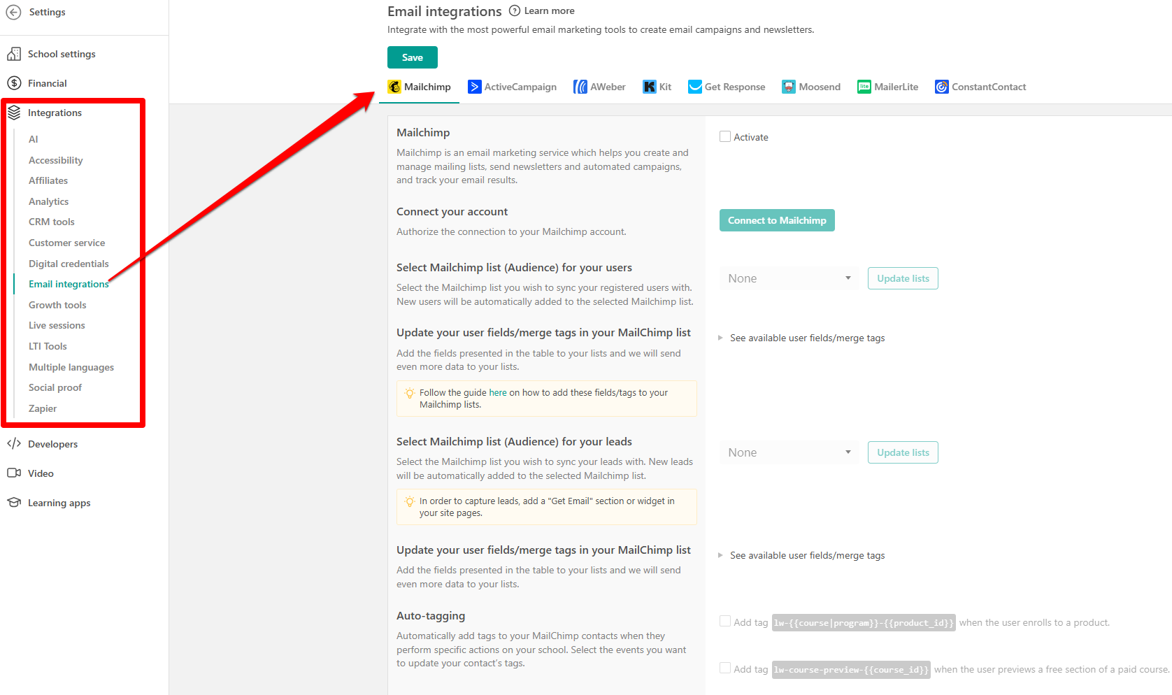LearnWorlds email tool integrations