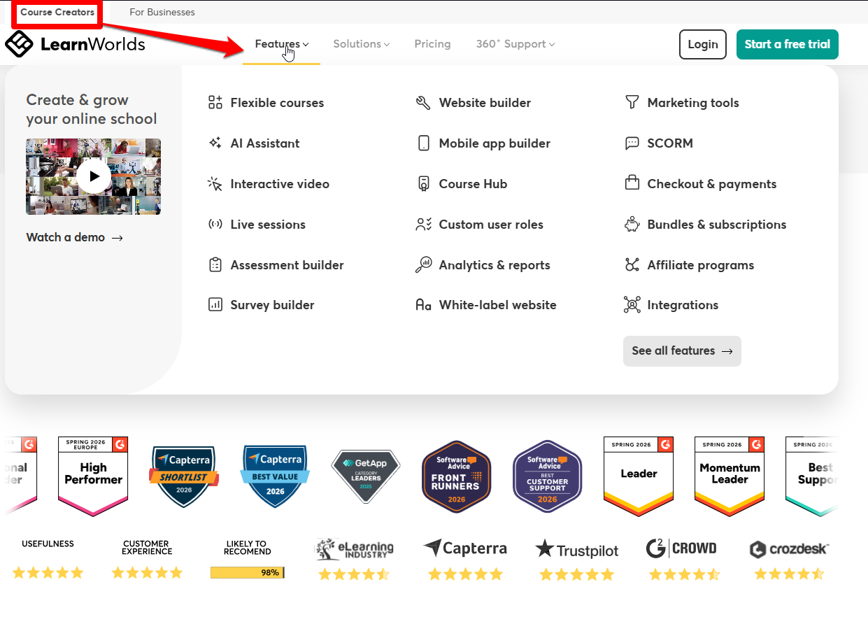 LearnWorlds features