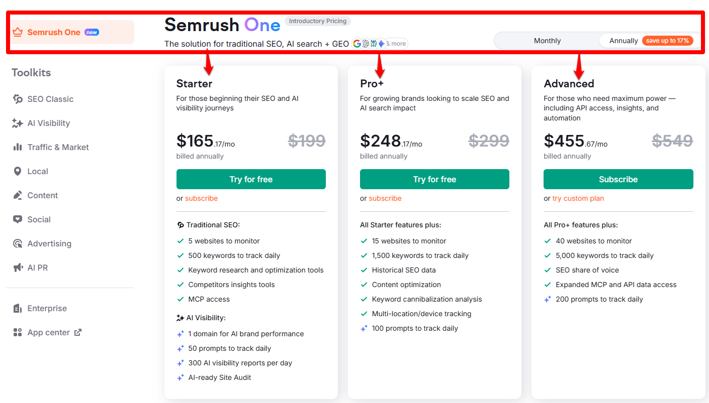 Semrush One pricing plans