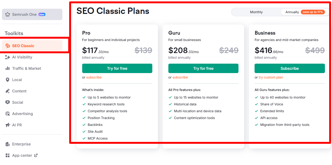 Semrush SEO Classic pricing plans