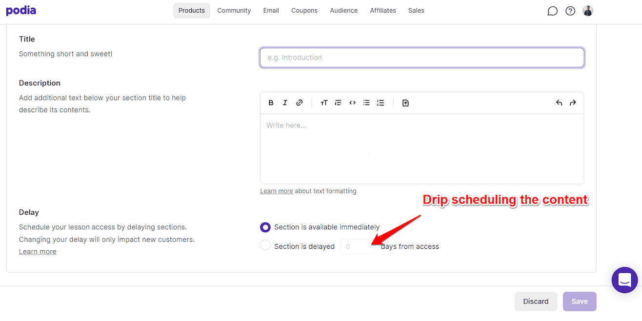 Drip your content in Podia