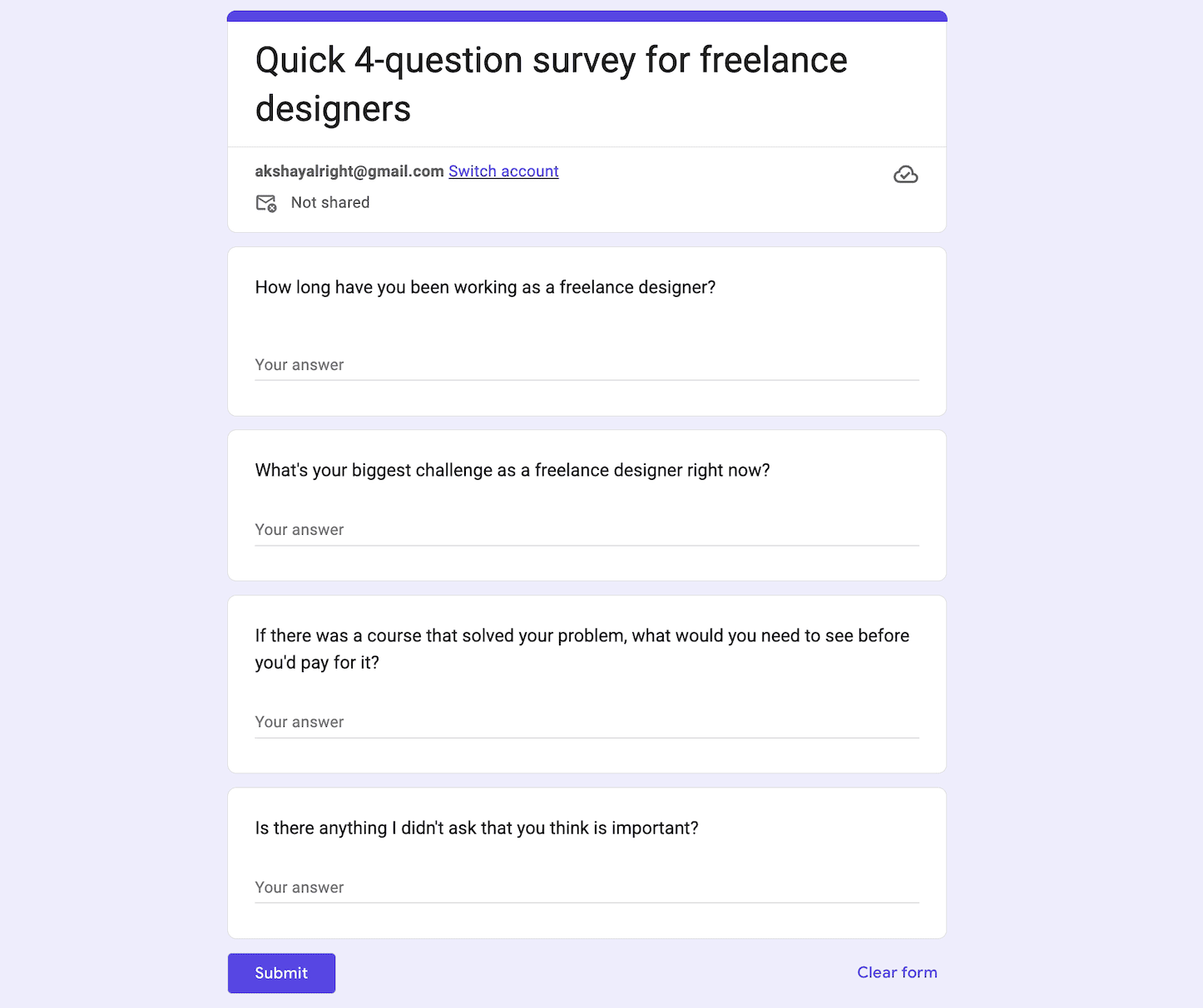 Google Form asking questions to freelance designers