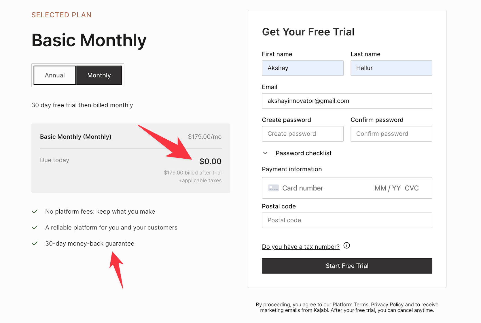 Kajabi 30 day trial checkout page