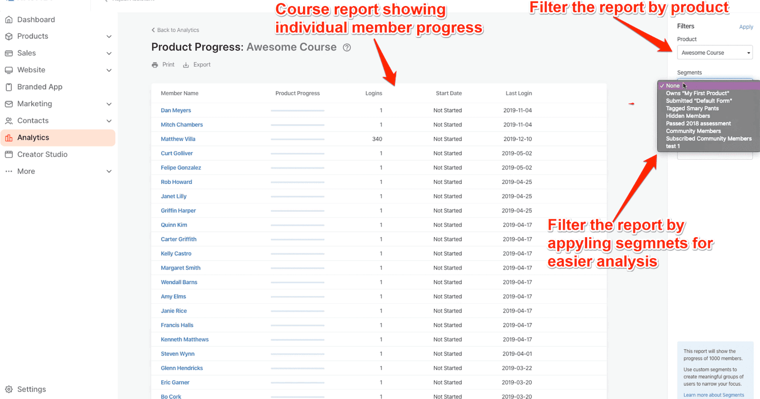 Kajabis student level product progress reports