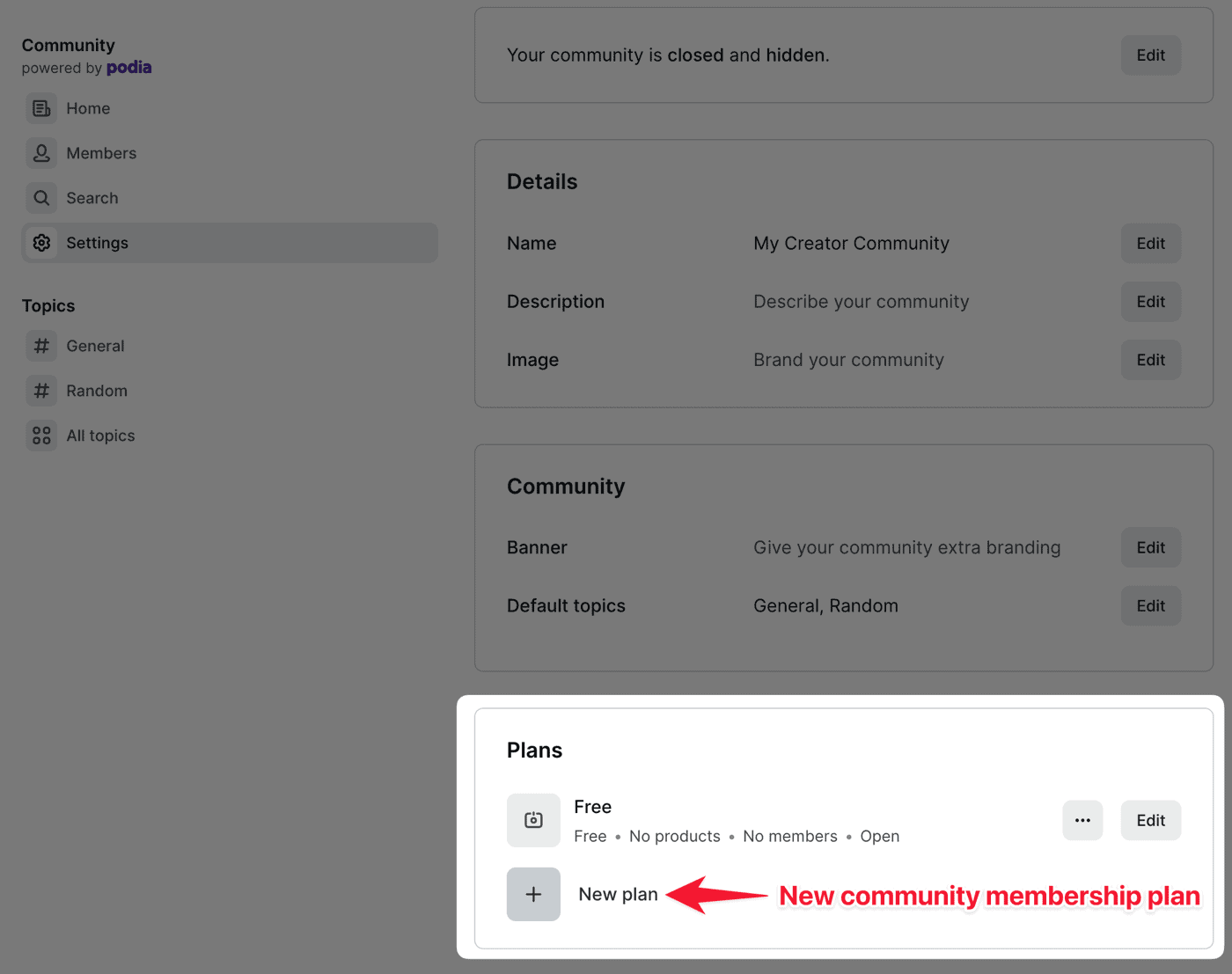Podia community membership plan