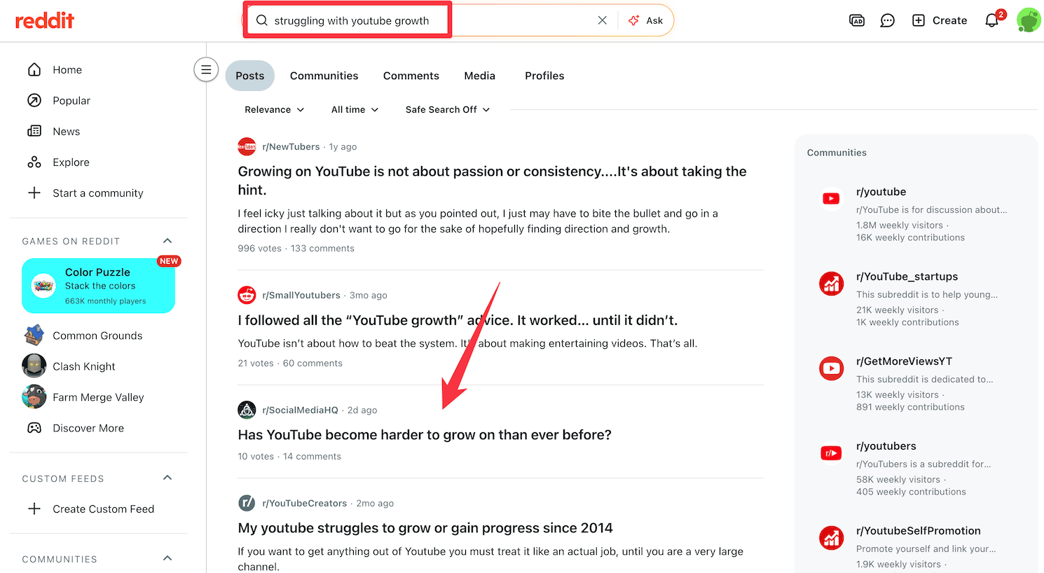 Reddit search on struggling with youtube growth