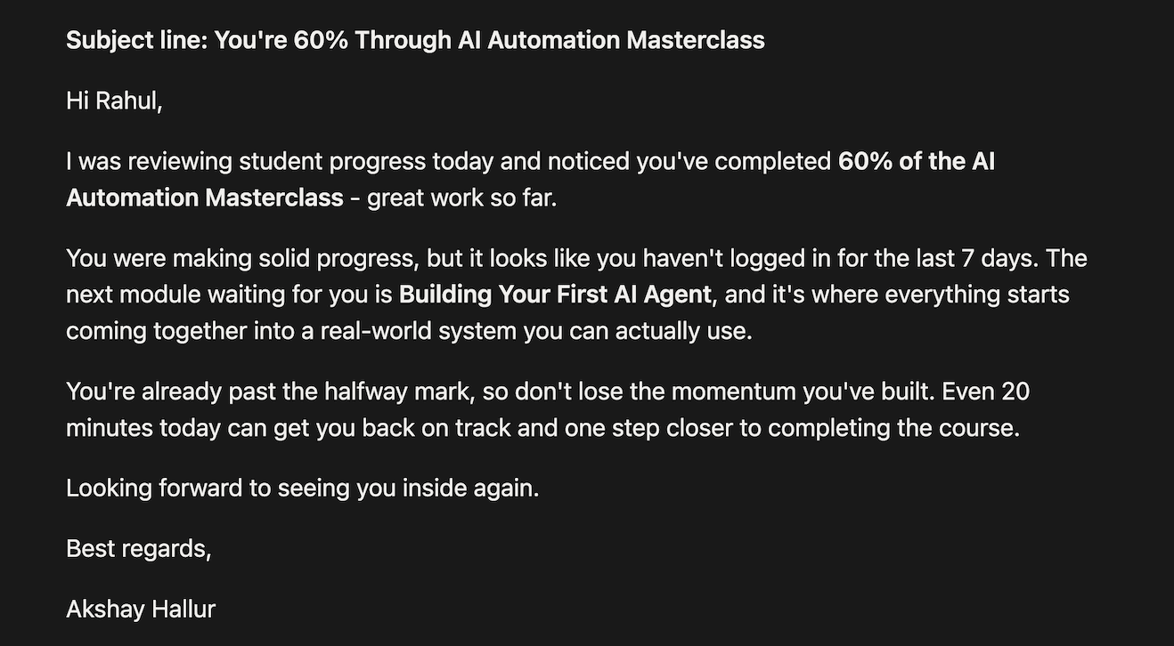 Send email to student regarding the course progress