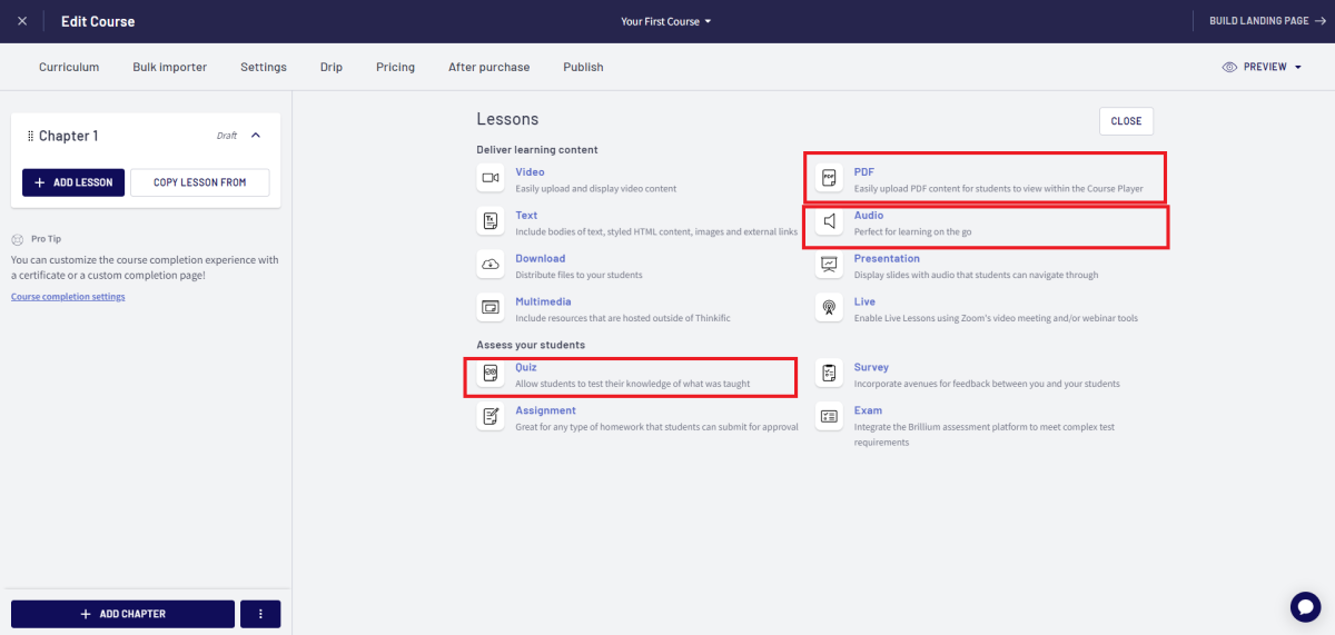 Various content types available on Thinkific