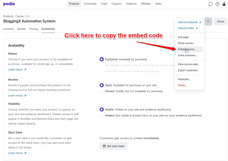 embed codes podia