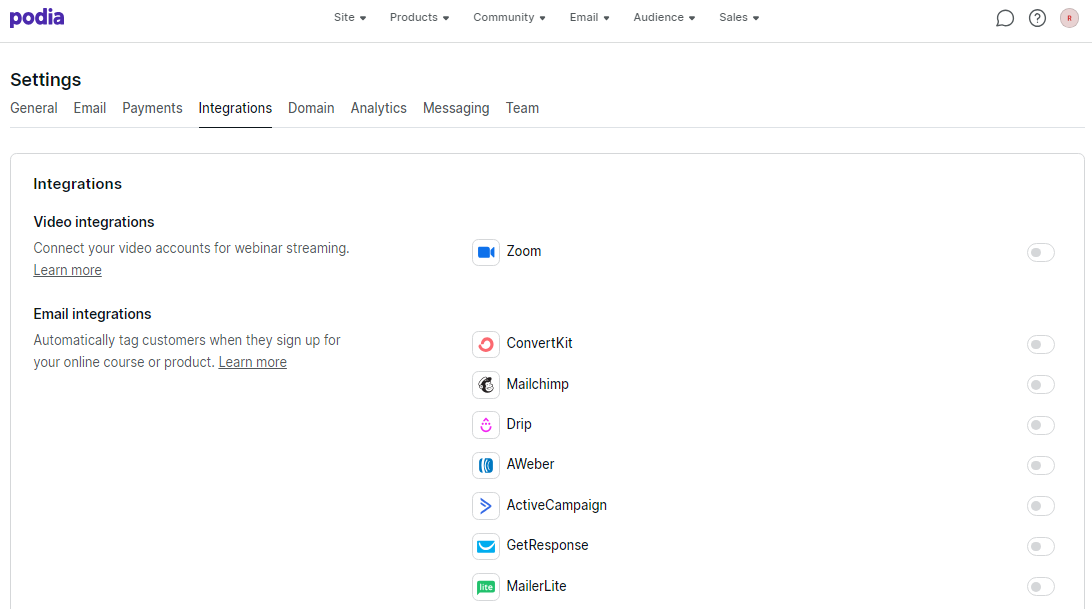podia integrations
