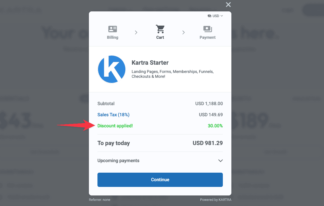 Kartra discount applied