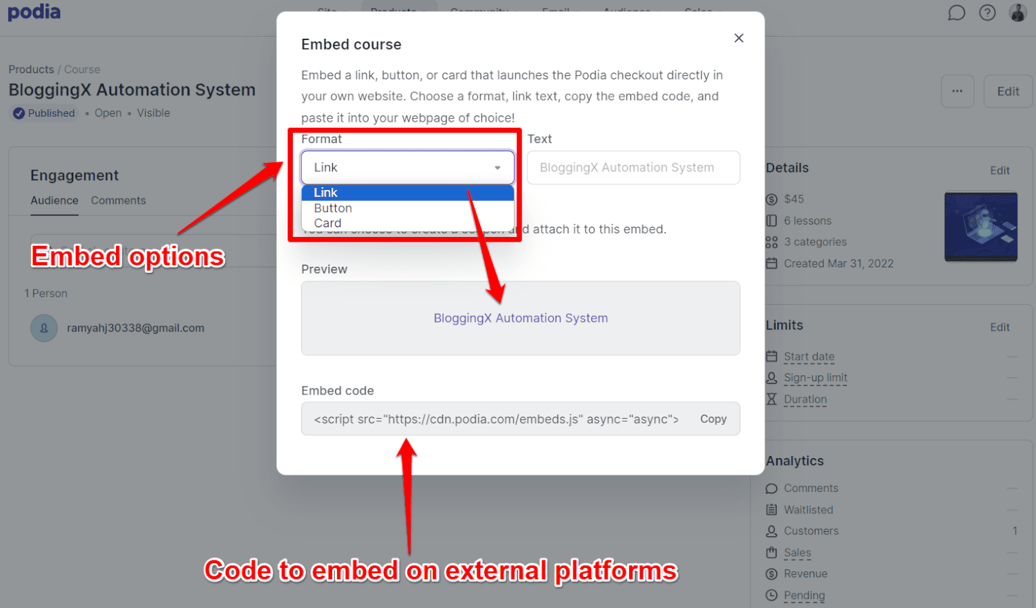 Podia course embed options