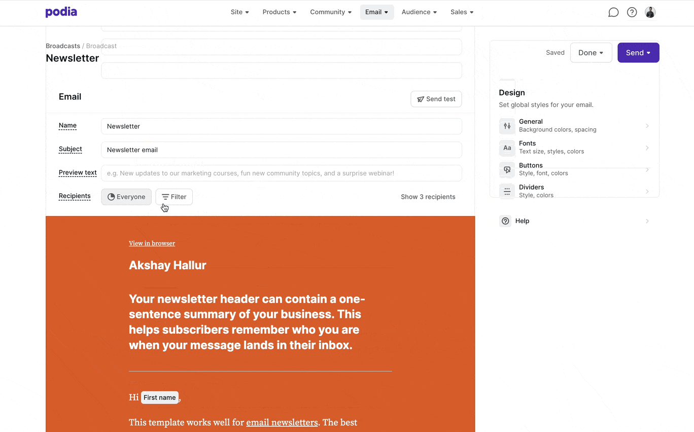Podia email builder 3