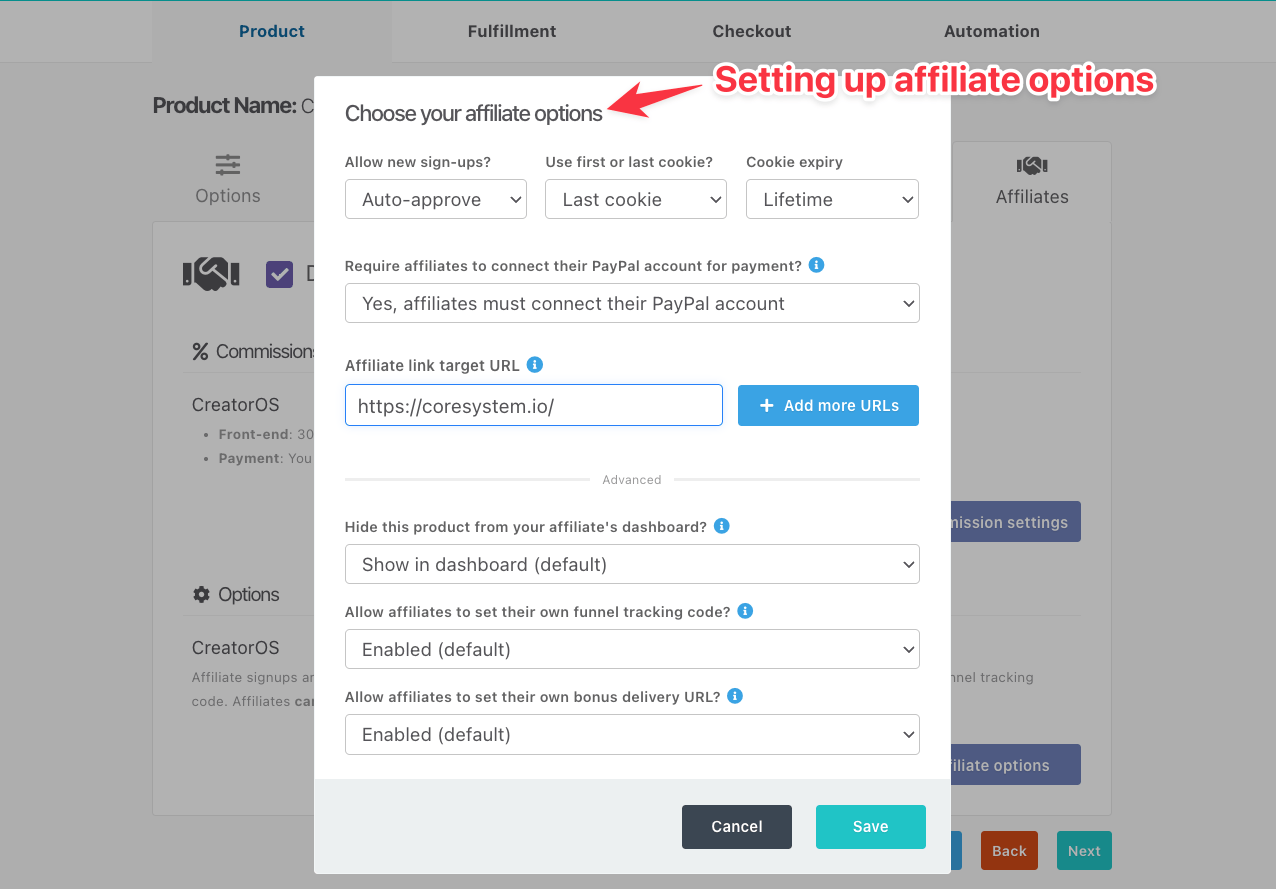 Setting up affiliate options thrivecart