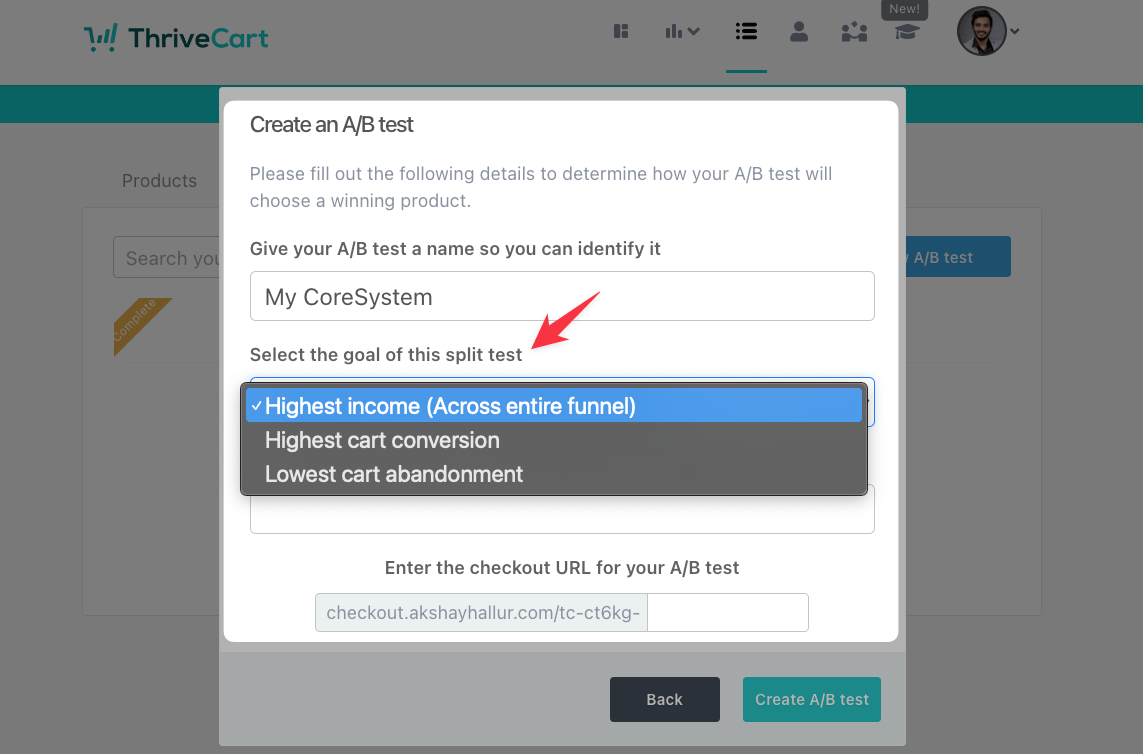 Thrivecart AB test creation