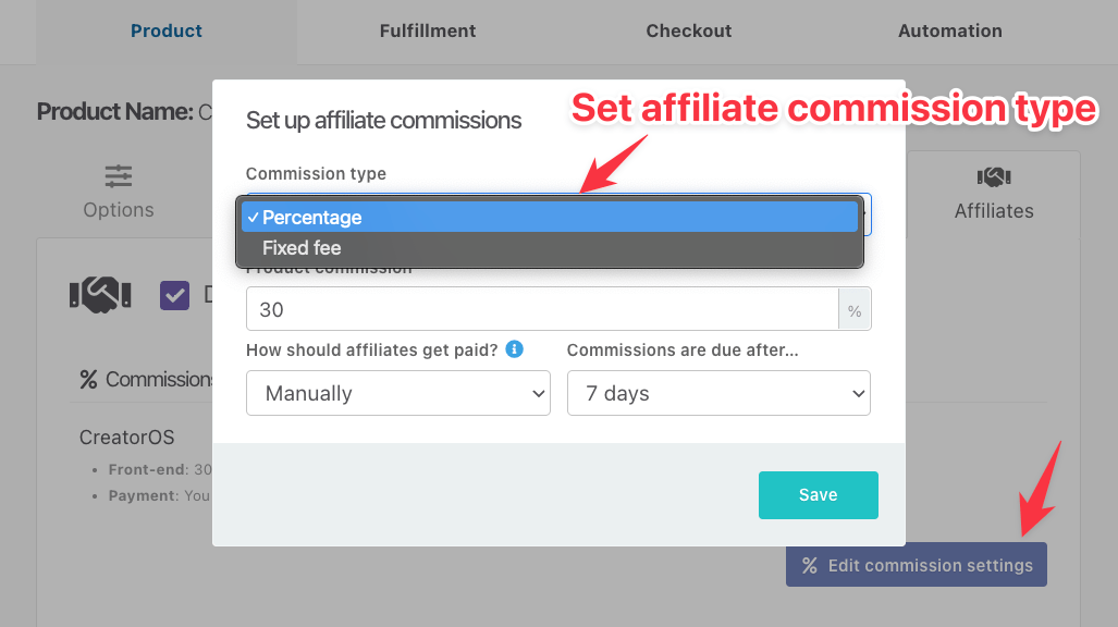 Thrivecart affiliate commission settings