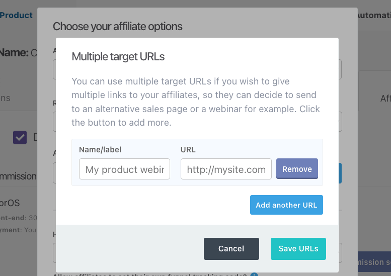 Thrivecart affiliate oprions add more urls