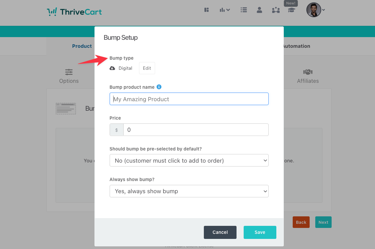 Thrivecart bump setup
