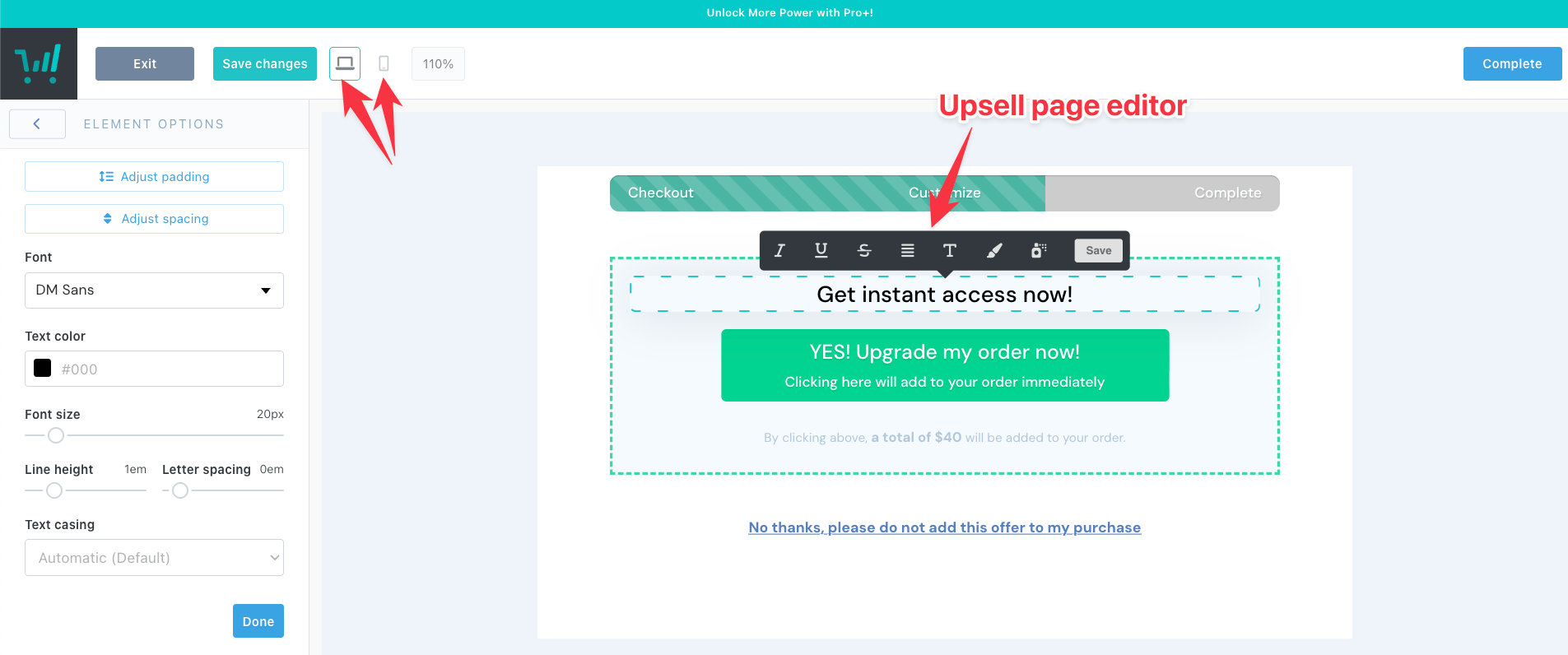 Thrivecart upsell page editor