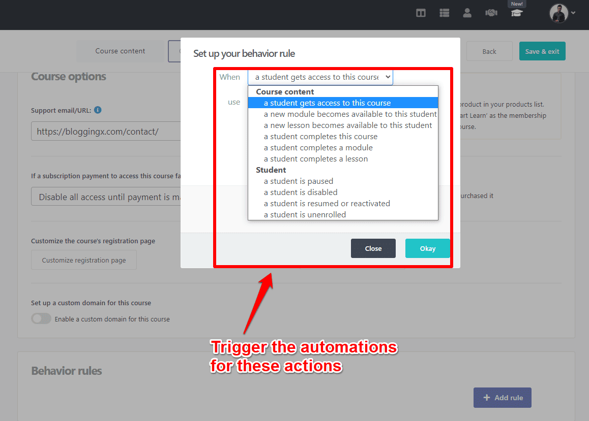 automate the course tasks with behavioral rules